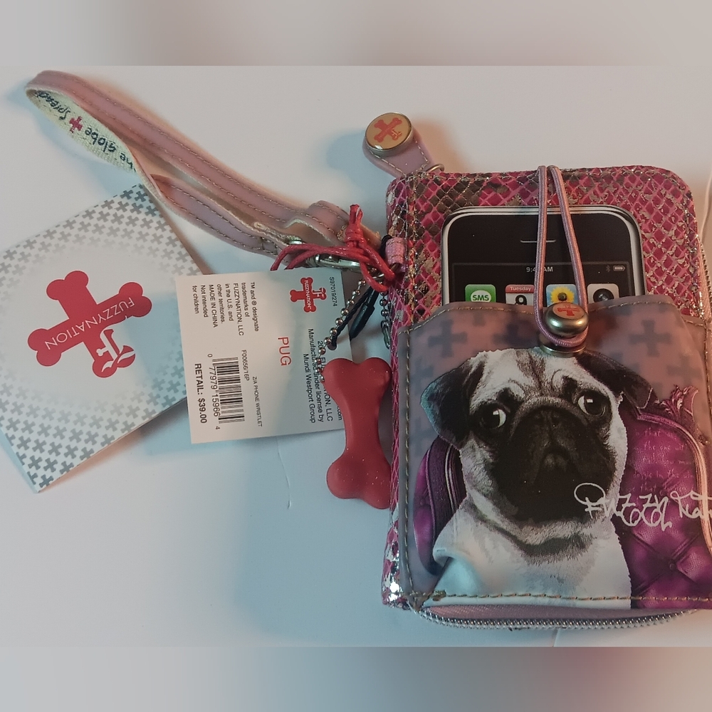 PUG Dog Wristlet WALLET with Bone Charm